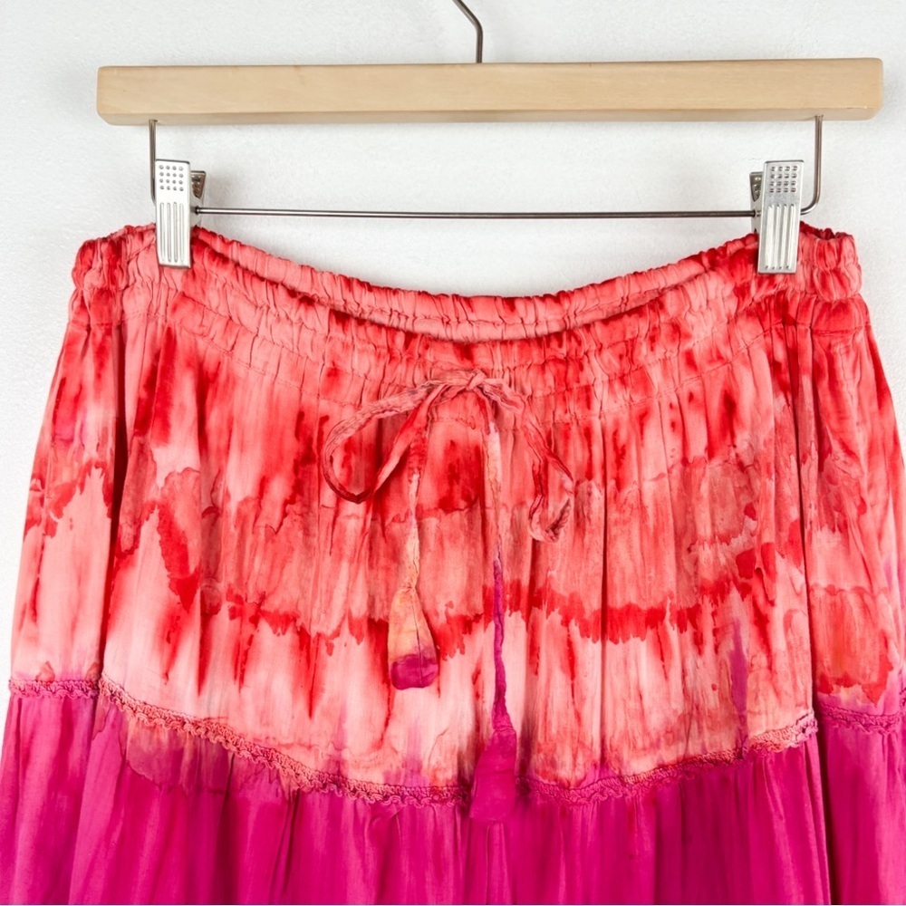 Vintage Bohemian Embroidered Tie Dye Drawstring Waist Midi Skirt Free Size - Picture 3 of 6
